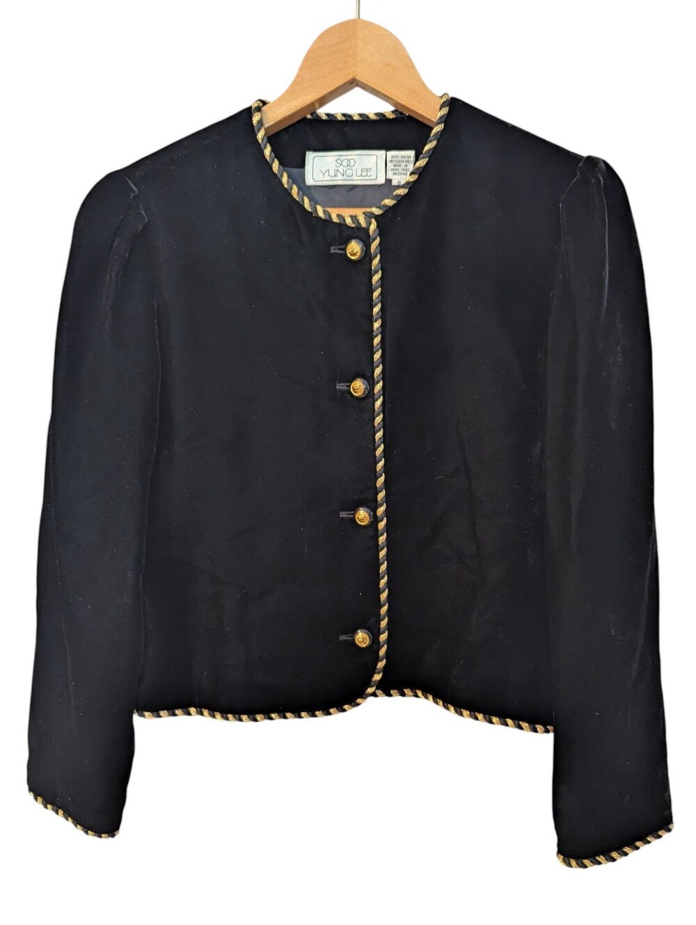 SOO YUNG LEE Vintage Black Velvet Jacket Blazer With Metallic Buttons Size 8